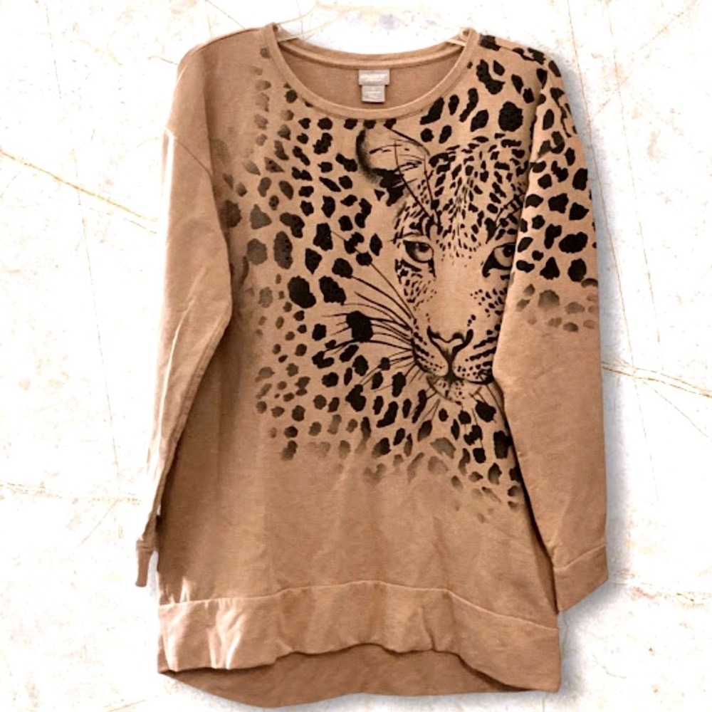 Chico's Zenergy Sweater Top Women's S1/8-10‎ Tan/Black Cheetah Print Sweatshirt